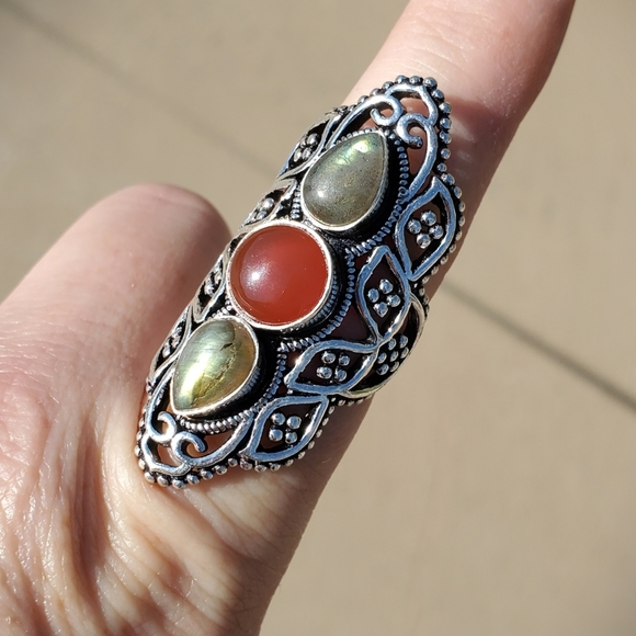 New Amazing Labradorite & Carnelian 925 Silver Ring. - Picture 6 of 12